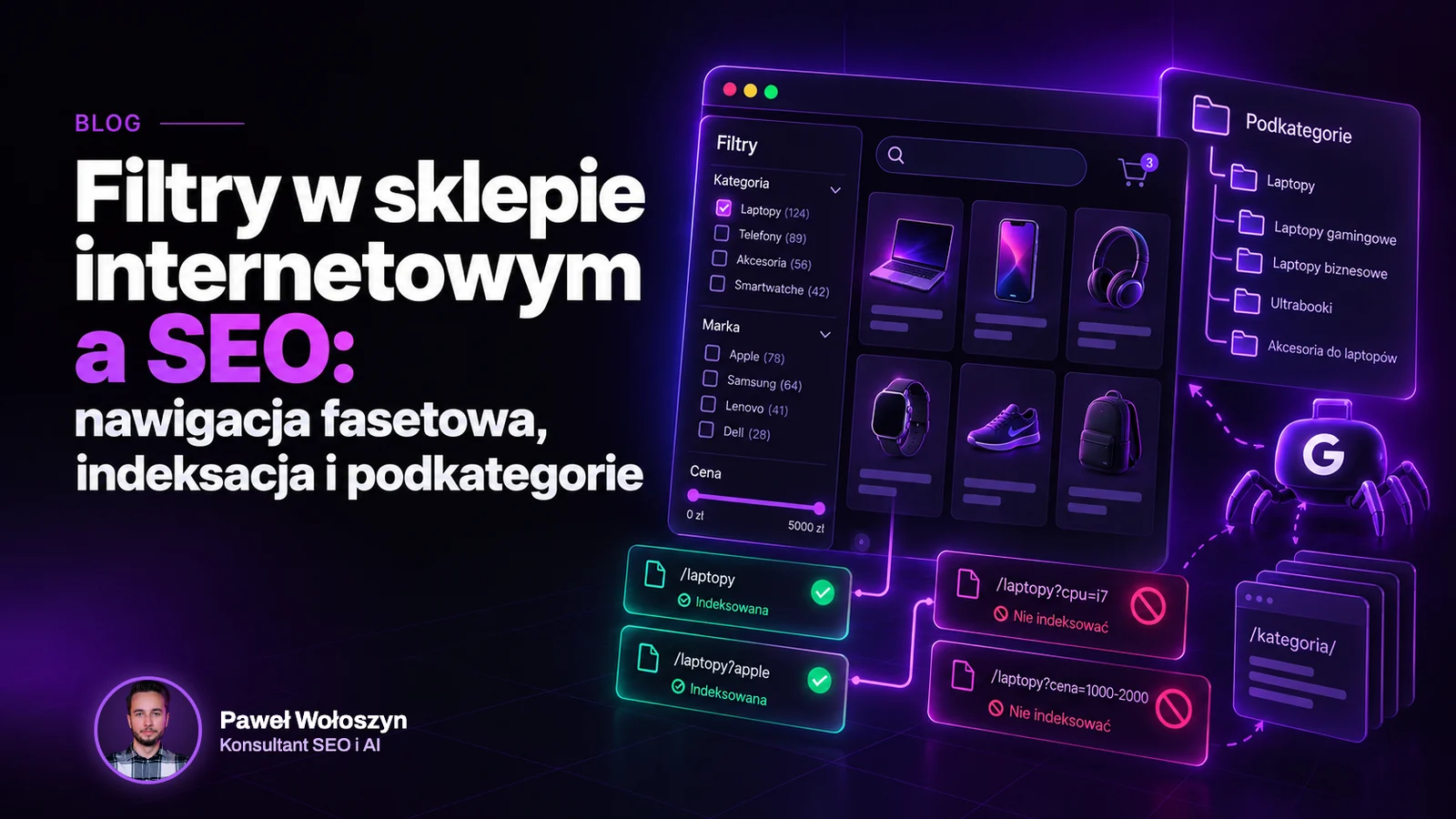 Okładka wpisu: Filtry w sklepie internetowym a SEO: nawigacja fasetowa, indeksacja i podkategorie. Paweł Wołoszyn, Konsultant SEO i AI