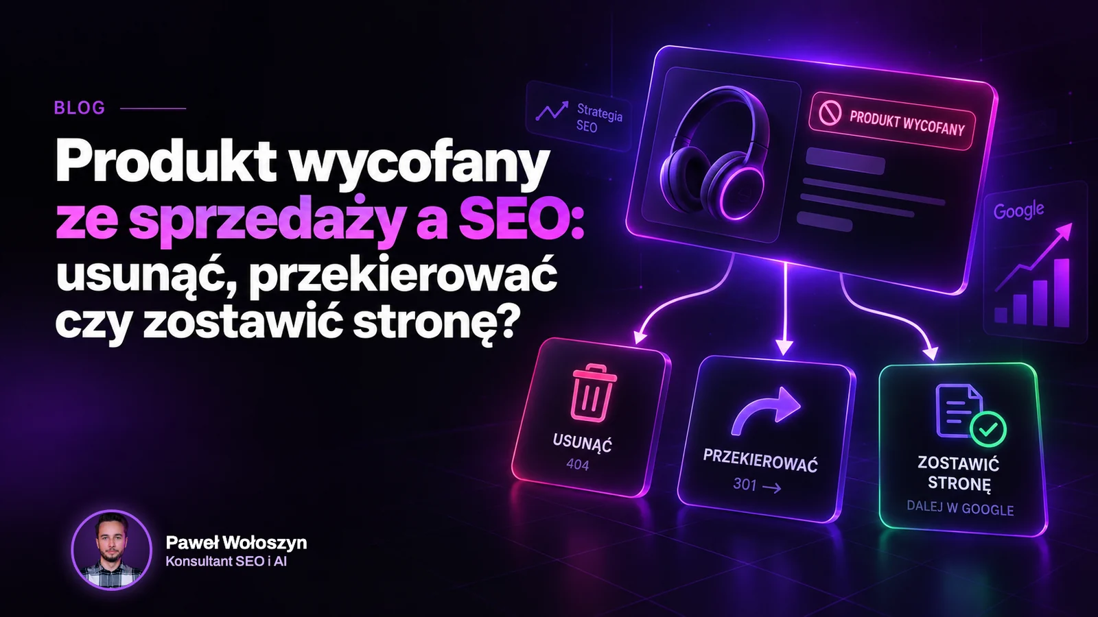Okładka wpisu: Produkt wycofany ze sprzedaży a SEO: usunąć, przekierować czy zostawić stronę?. Paweł Wołoszyn, Konsultant SEO i AI