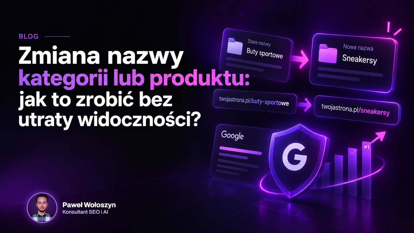 Okładka wpisu: Zmiana nazwy kategorii lub produktu: jak to zrobić bez utraty widoczności?. Paweł Wołoszyn, Konsultant SEO i AI